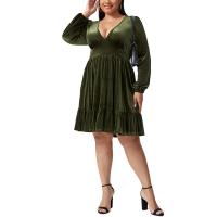 Polyester Waist-controlled & scallop One-piece Dress slimming & deep V patchwork Solid PC