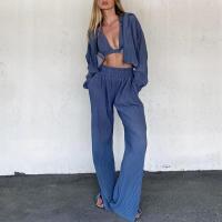 Polyester Wide Leg Trousers & With Siamese Cap & High Waist Women Casual Set & three piece Long Trousers & tank top & coat patchwork Solid blue Set