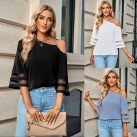 Polyester Women Long Sleeve T-shirt & loose & One Shoulder Solid PC