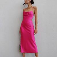 Polyester One-piece Dress mid-long style & backless patchwork Solid pink PC