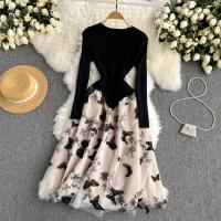 Polyester Slim One-piece Dress mid-long style & deep V embroidered butterfly pattern : PC