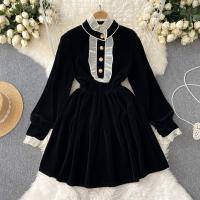 Polyester Waist-controlled & A-line One-piece Dress mid-long style Solid black PC