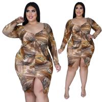 Polyester front slit & Plus Size One-piece Dress deep V & backless printed brown PC