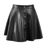 PU Leather Pleated & High Waist Skirt & loose Solid black PC