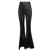 PU Leather front slit & bell-bottom Women Long Trousers Solid black PC