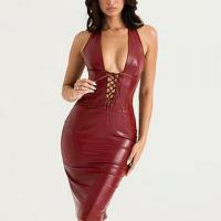 Polyester Lace Up Sexy Package Hip Dresses patchwork Solid brown PC