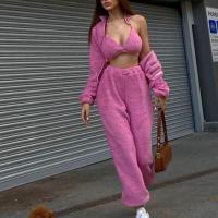 Polyester Women Casual Set & three piece Long Trousers & bra & coat patchwork Solid Set