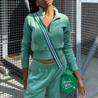 Velour Women Coat patchwork Solid green PC