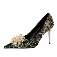 PU Leather & Satin Stiletto High-Heeled Shoes pointed toe Plastic Pearl floral Pair