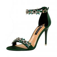 PU Leather & Satin Stiletto High Heels Fish Head Sandals & hollow & with rhinestone floral Pair
