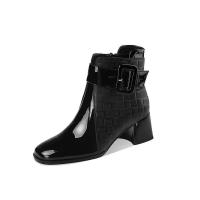 Rubber & PU Leather side zipper & chunky Women Martens Boots Pair