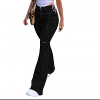 Denim Ripped & bell-bottom Women Jeans plain dyed Solid black PC