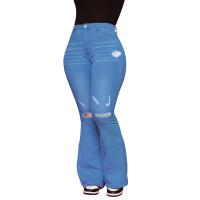 Cotton Denim bell-bottom & High Waist Women Jeans washed Solid blue PC