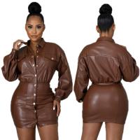 PU Leather High Waist Sexy Package Hip Dresses patchwork Solid PC