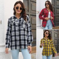 Polyester Women Long Sleeve Shirt mid-long style & loose & with pocket sanding plaid PC