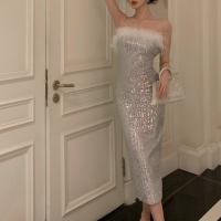 Polyester Slim Long Evening Dress backless Sequin silver PC
