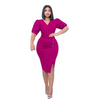 Polyester Slim Sexy Package Hip Dresses side slit Solid PC