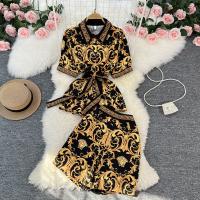 Polyester High Waist Women Casual Set & two piece & loose Pants & top printed Set