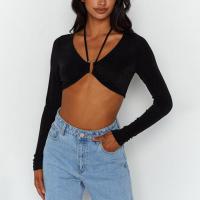 Polyester Crop Top Women Long Sleeve Blouses patchwork Solid black PC