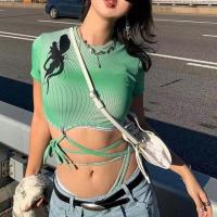 Polyester Lace Up Women Short Sleeve T-Shirts patchwork green PC