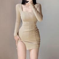 Polyester Slim Sexy Package Hip Dresses patchwork Solid PC