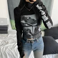 Algodón Mujeres camiseta de manga larga, impreso, negro,  trozo