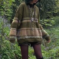 Polyester Women Sweater & loose knitted striped army green PC