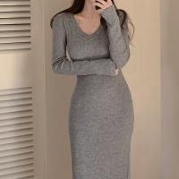 Cotton Slim Sexy Package Hip Dresses patchwork Solid gray PC