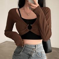 Polyester Slim Women Long Sleeve Blouses & two piece patchwork Solid brown Set