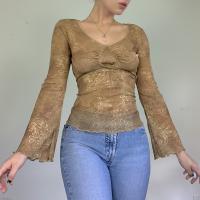 Polyester Slim Women Long Sleeve Blouses printed khaki PC