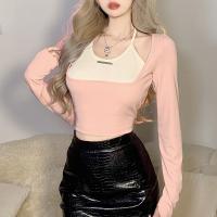 Polyester Women Long Sleeve T-shirt & fake two piece patchwork pink PC