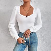 Polyester T-shirt femme à manches longues Patchwork Solide Blanc pièce