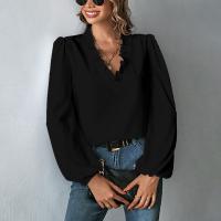 Polyester scallop Women Long Sleeve Shirt & loose patchwork Solid PC
