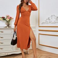 Rayon front slit & High Waist One-piece Dress deep V Solid PC
