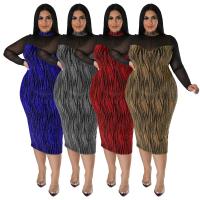 Polyester Plus Size One-piece Dress see through look & deep V Sequin patchwork PC