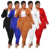 Polyester Plus Size Women Casual Set & two piece Long Trousers & coat Solid Set