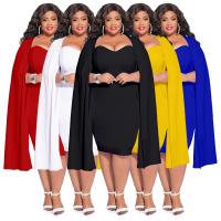 Polyester Plus Size & High Waist Sexy Package Hip Dresses irregular & deep V patchwork Solid PC