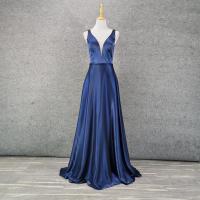 Polyester Waist-controlled Long Evening Dress large hem design & deep V Solid Navy Blue PC