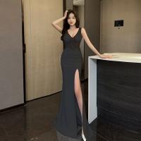 Polyester Long Evening Dress see through look & deep V & side slit Solid PC
