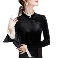 Polyester Slim Women Long Sleeve Blouses Solid black and blue PC