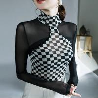 Gauze Slim Women Long Sleeve T-shirt patchwork plaid black PC