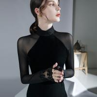 Polyester Slim Women Long Sleeve T-shirt Gauze patchwork Solid black PC