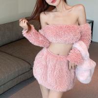 Plush Crop Top Women Casual Set backless & two piece skirt & top Solid pink Set