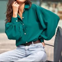 Polyester Women Long Sleeve Shirt & loose plain dyed Solid green PC