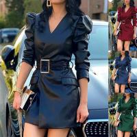 PU Leather Slim Sexy Package Hip Dresses deep V Solid PC