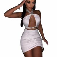 Polyester Crop Top Sexy Package Hip Dresses backless & with rhinestone & skinny style patchwork Solid PC