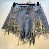 Cotton Ripped & Tassels & High Waist Shorts & with rhinestone washed Solid PC