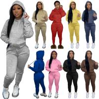 Polyester With Siamese Cap Women Casual Set fleece & two piece Cotton Long Trousers & top Solid Set