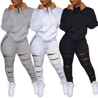 Cotton Ripped Women Casual Set & two piece Long Trousers & top Set