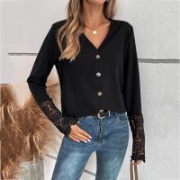 Polyester Slim Women Long Sleeve Shirt deep V black PC